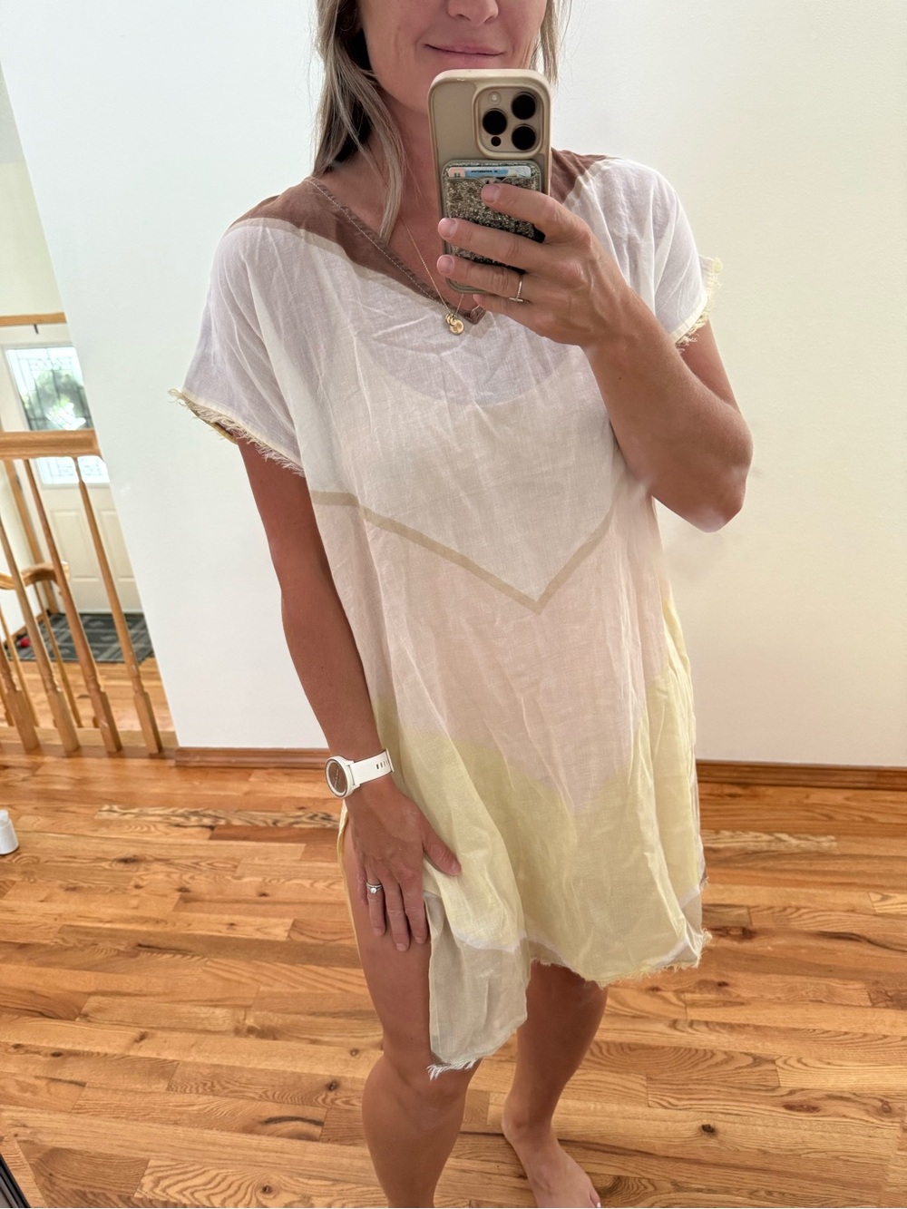 Billabong Sheer Ombre Short Sleeve Coverup in White, Pale Yellow & Taupe